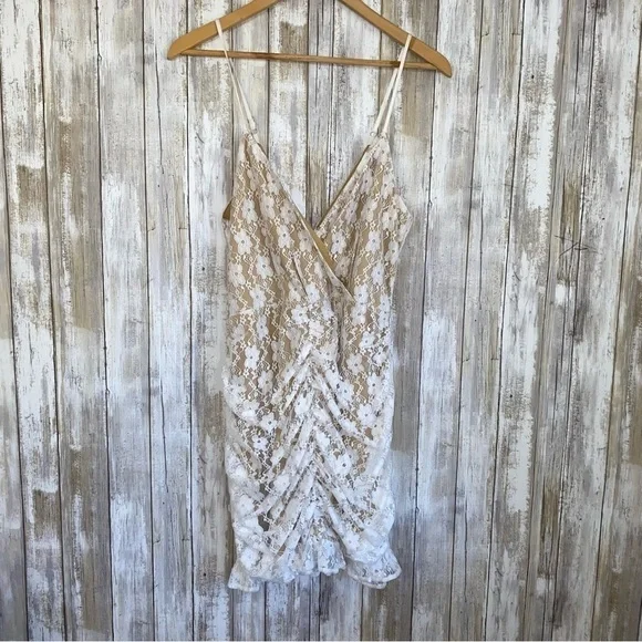 Lulus Frilled To Be Here Lace Floral Ruched Mini Dress Ivory Nude L NWOT - Picture 2 of 9